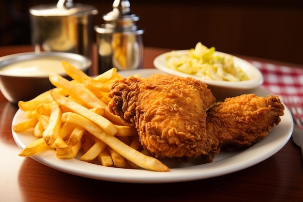 Um prato de frango frito e batatas fritas com um lado de condimentos.