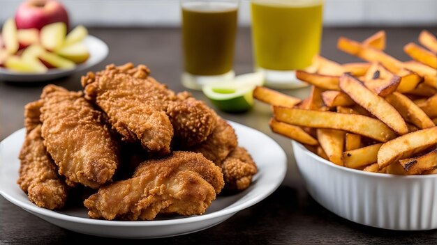 Foto um prato de frango frito e batatas fritas com uma bebida ao fundo