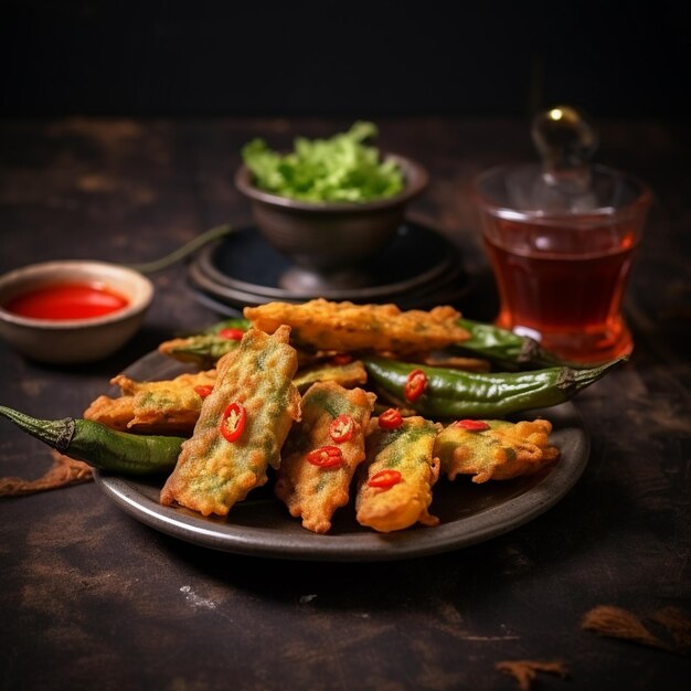 Foto um prato de frango frito e vegetais com um copo de chá