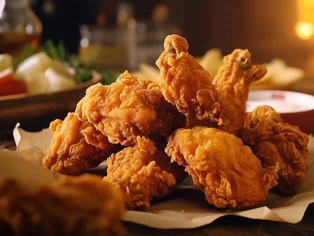 Um prato de frango frito está sobre uma mesa com uma cesta de comida.