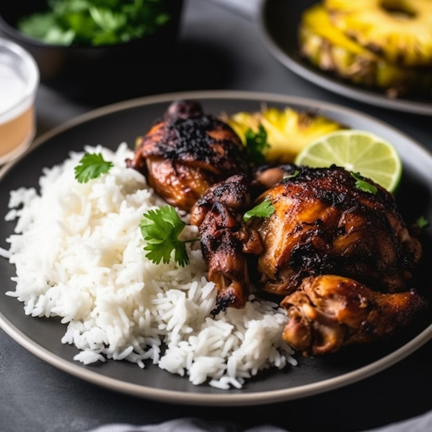 Um prato de frango grelhado com arroz e abacaxi ao lado.