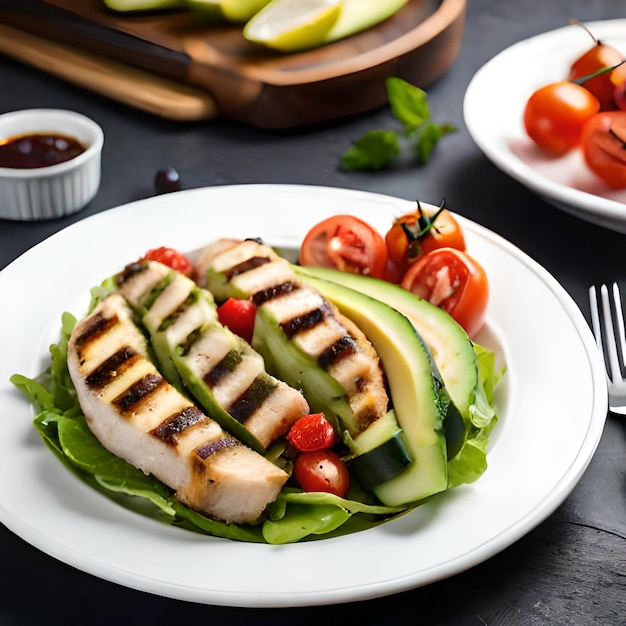 Um prato de frango grelhado e salada de pepino com um garfo ao lado.