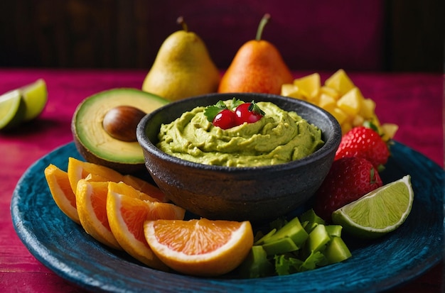 Um prato de frutas colorido com guacamol