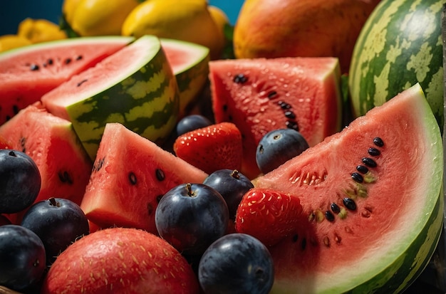 Um prato de frutas colorido com melancia como cente