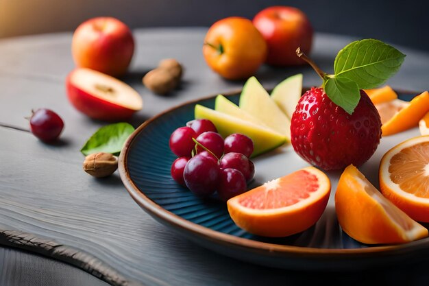 Foto um prato de frutas com a palavra nele.