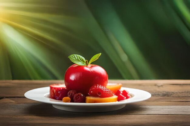 um prato de frutas com o sol atrás dele