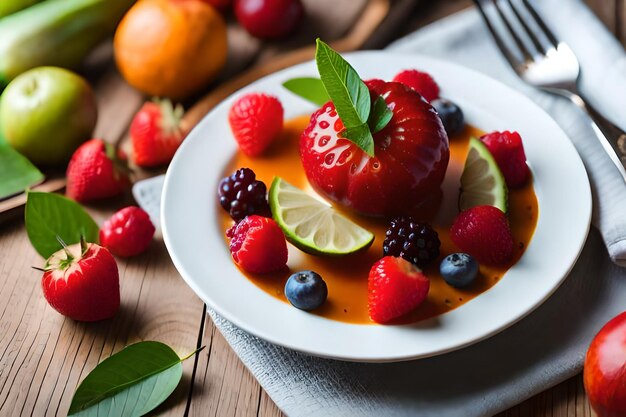 um prato de frutas com um garfo e um prato de frutas sobre ele