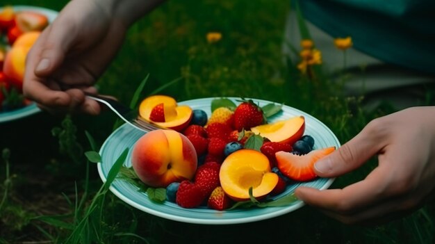 Um prato de frutas com um prato de pêssegos e pêssegos.