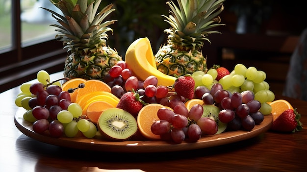 Foto um prato de frutas com uvas artisticamente arranjado