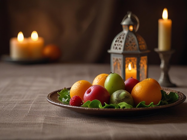 Foto um prato de frutas e uma vela com uma vela no fundo