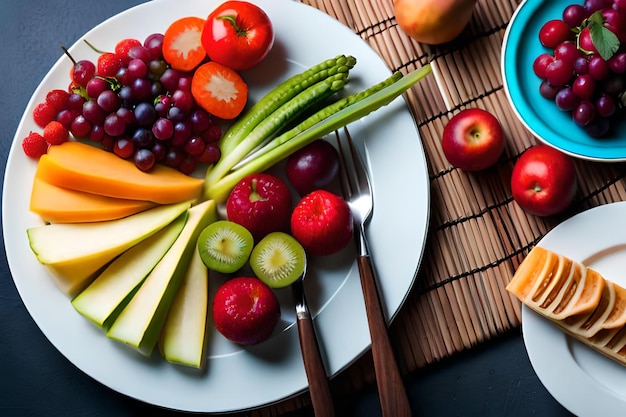 um prato de frutas e vegetais com um garfo em uma mesa.