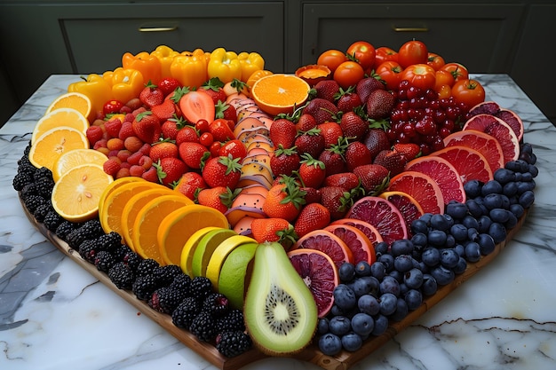 Um prato de frutas em forma de coração em uma mesa de mármore