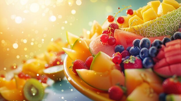 Um prato de frutas frescas e vibrantes na mesa