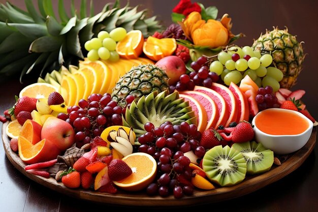 Foto um prato de frutas incluindo abacaxi, banana e outras frutas.
