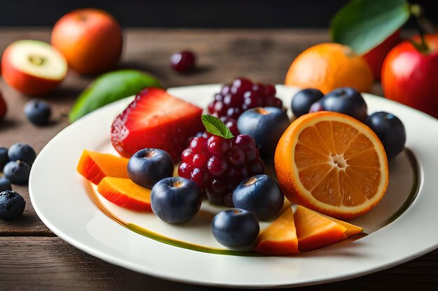 um prato de frutas incluindo framboesas, laranjas e outras frutas.
