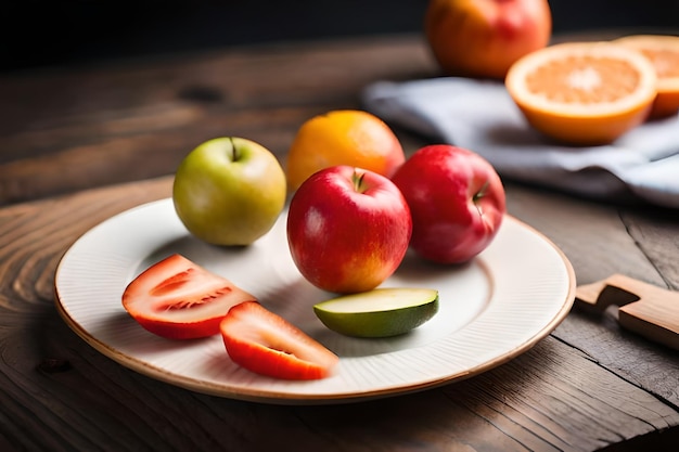 um prato de frutas incluindo maçãs, laranjas e uma faca.