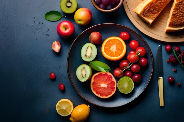 um prato de frutas incluindo uma fruta e uma fruta