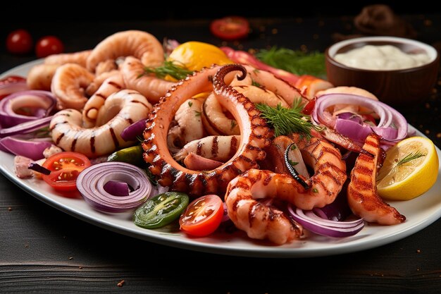 Foto um prato de frutos do mar com camarão grelhado, polvo e anéis de calamares