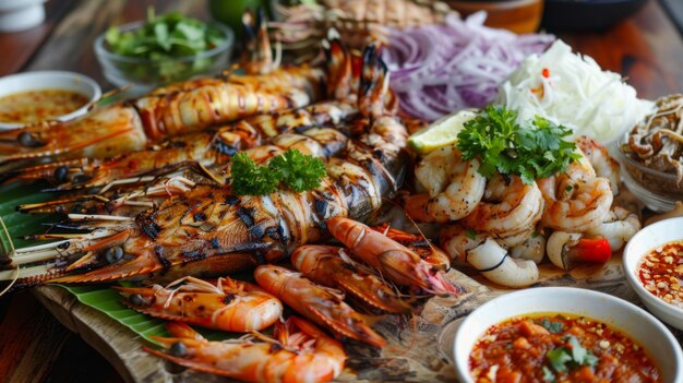 Um prato de frutos do mar tailandês apresenta uma variedade de camarões de peixe grelhados e lulas temperadas com especiarias tailandesas