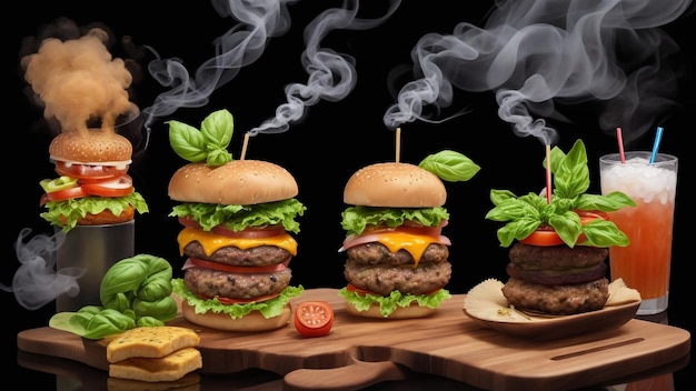 Foto um prato de hambúrgueres e bebidas sobre uma mesa e fundo escuro