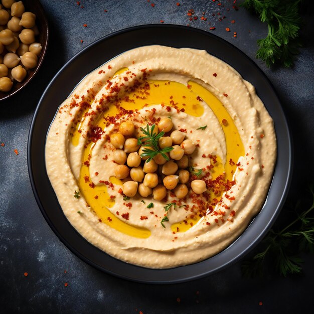 um prato de hummus com uma guarnição de grão-de-bico