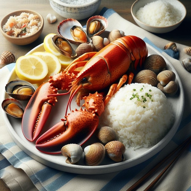 Um prato de lagosta branca, arroz e frutos do mar na respiração.