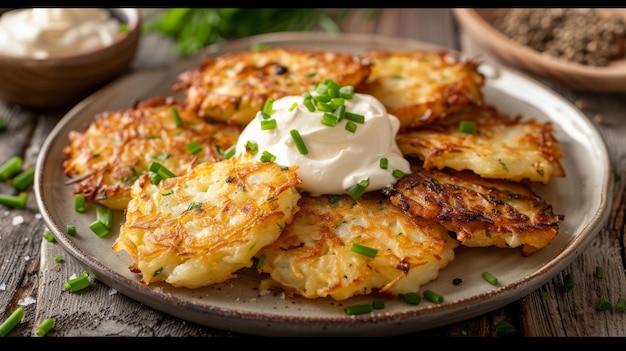 Um prato de latkes de batata crocante com creme azedo e cebola