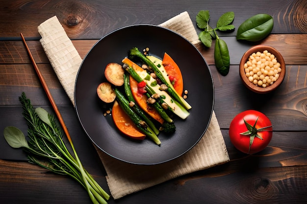 Um prato de legumes com uma tigela de tomate e manjericão em uma mesa de madeira.