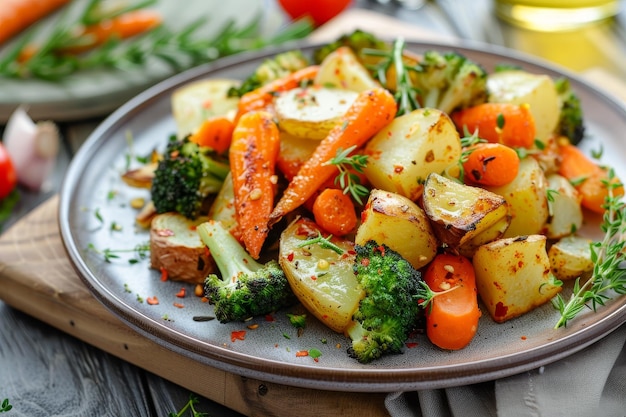 Um prato de legumes, incluindo batatas de brócolis e cenouras