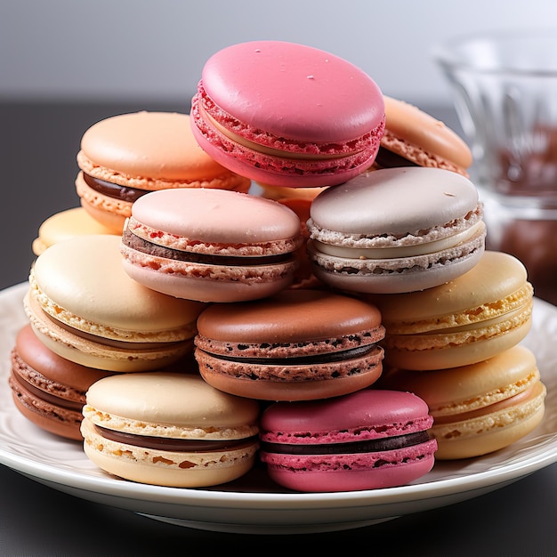 um prato de macarons rosa e brancos com um copo ao fundo