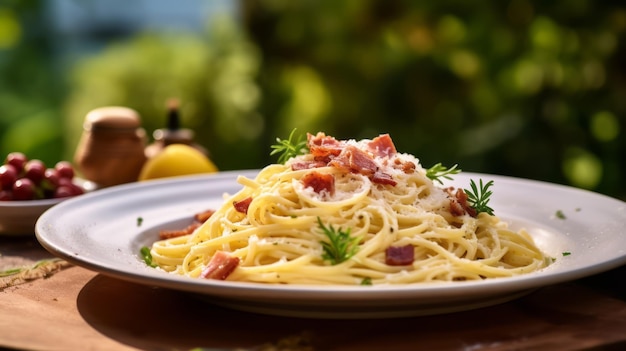 Um prato de macarrão carbonara