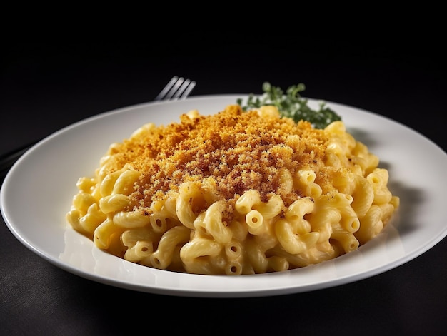 Um prato de macarrão com queijo com um garfo ao lado.