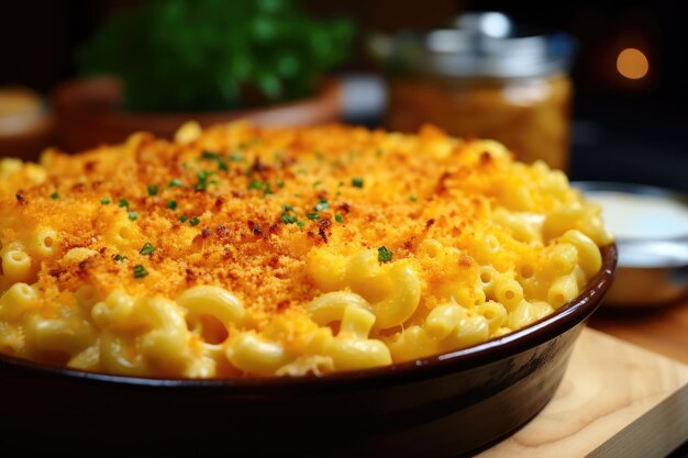 Um prato de macarrão com queijo delicioso em uma tábua de madeira Macarrão com queijo caseiro gerado por IA