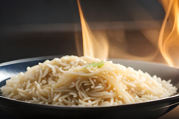 Foto um prato de macarrão com um fogo a sair dele.