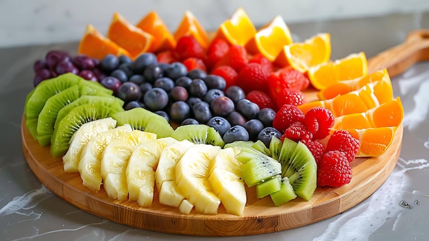 Um prato de madeira cheio de uma variedade de frutas frescas as frutas são dispostas de uma forma colorida e visualmente atraente