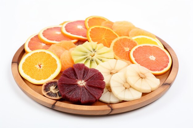 Foto um prato de madeira de frutas cortadas em fundo branco