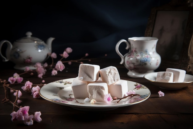 Um prato de marshmallows está sobre uma mesa com um bule de chá Flores cor de rosa