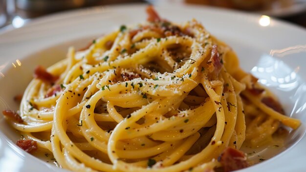 Foto um prato de massa com bacon e queijo parmesão