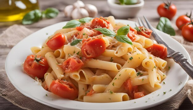 Foto um prato de massa com tomates e manjericão