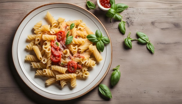 um prato de massa com tomates e manjericão