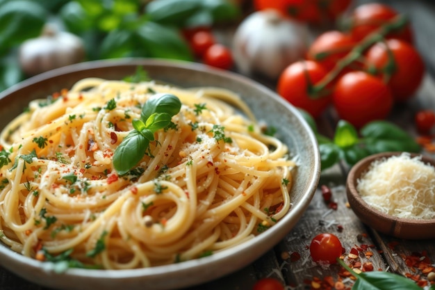 um prato de massa italiana cercado por ingredientes frescos em uma superfície de madeira