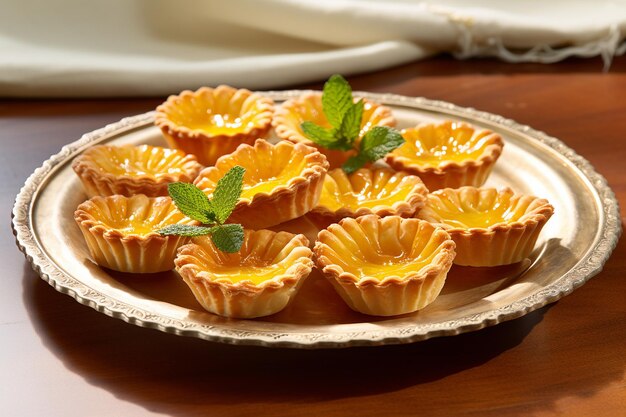 Um prato de mini tartes de limão com guarnição de casca de limão