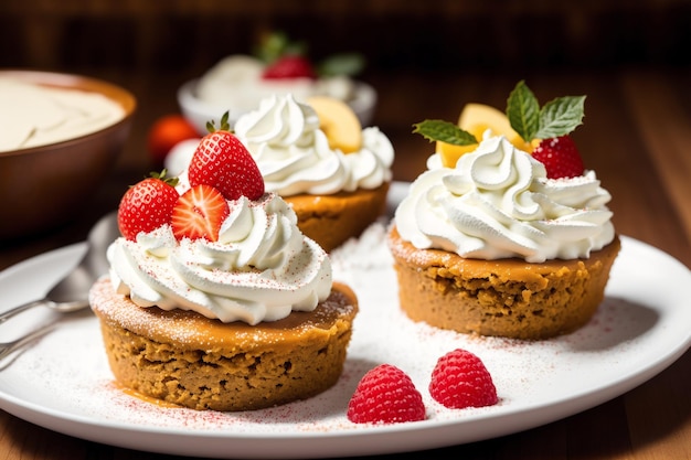 Um prato de mini tortas de abóbora com chantilly e um morango por cima.