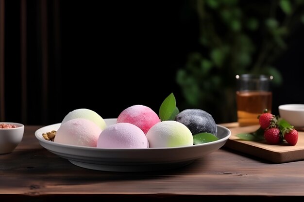 Um prato de mochi com um copo de suco atrás deles Generative AI