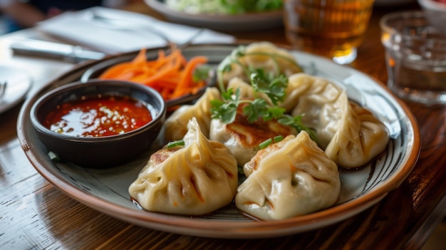 Foto um prato de momos lindamente dispostos servido como aperitivo em um restaurante tentando os clientes com seu aroma tentador