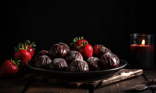 Um prato de morangos com cobertura em chocolate em um fundo preto