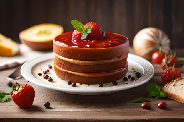 Um prato de mousse de chocolate com morango por cima