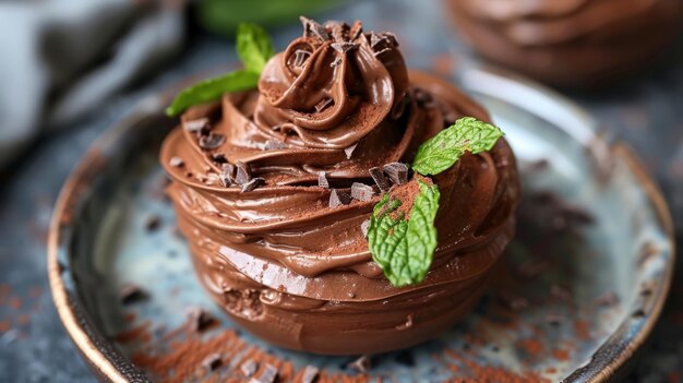 Um prato de mousse de chocolate de abacate vegano com guarnição de hortelã