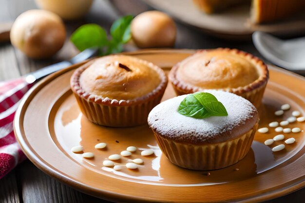 um prato de muffins com uma folha verde