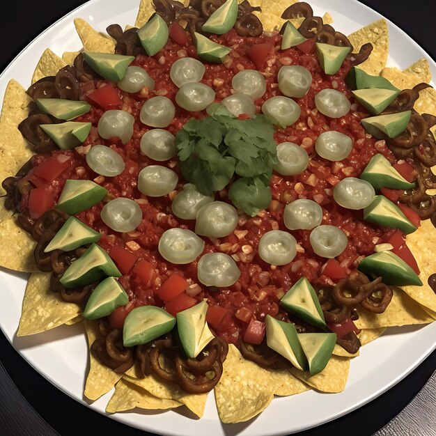 Foto um prato de nachos com abacate por cima